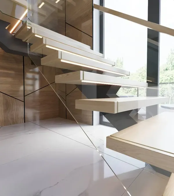 Glass panel installation on a floating stair balustrade system in Nassau County