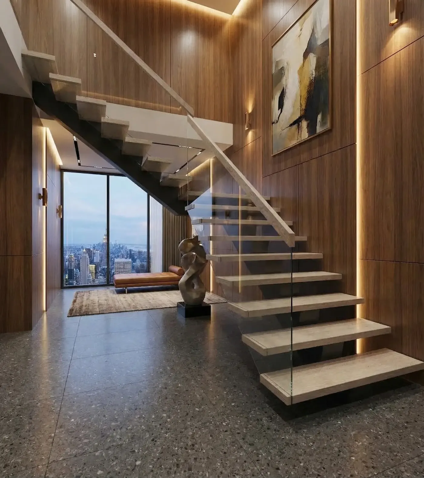 Industrial steel beam floating staircase installed in a Nassau County home