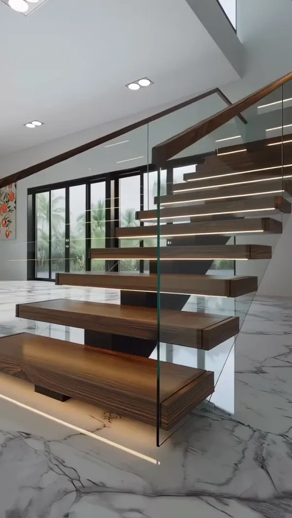 Close-up of white oak floating stair tread with natural grain and concealed mounting hardware