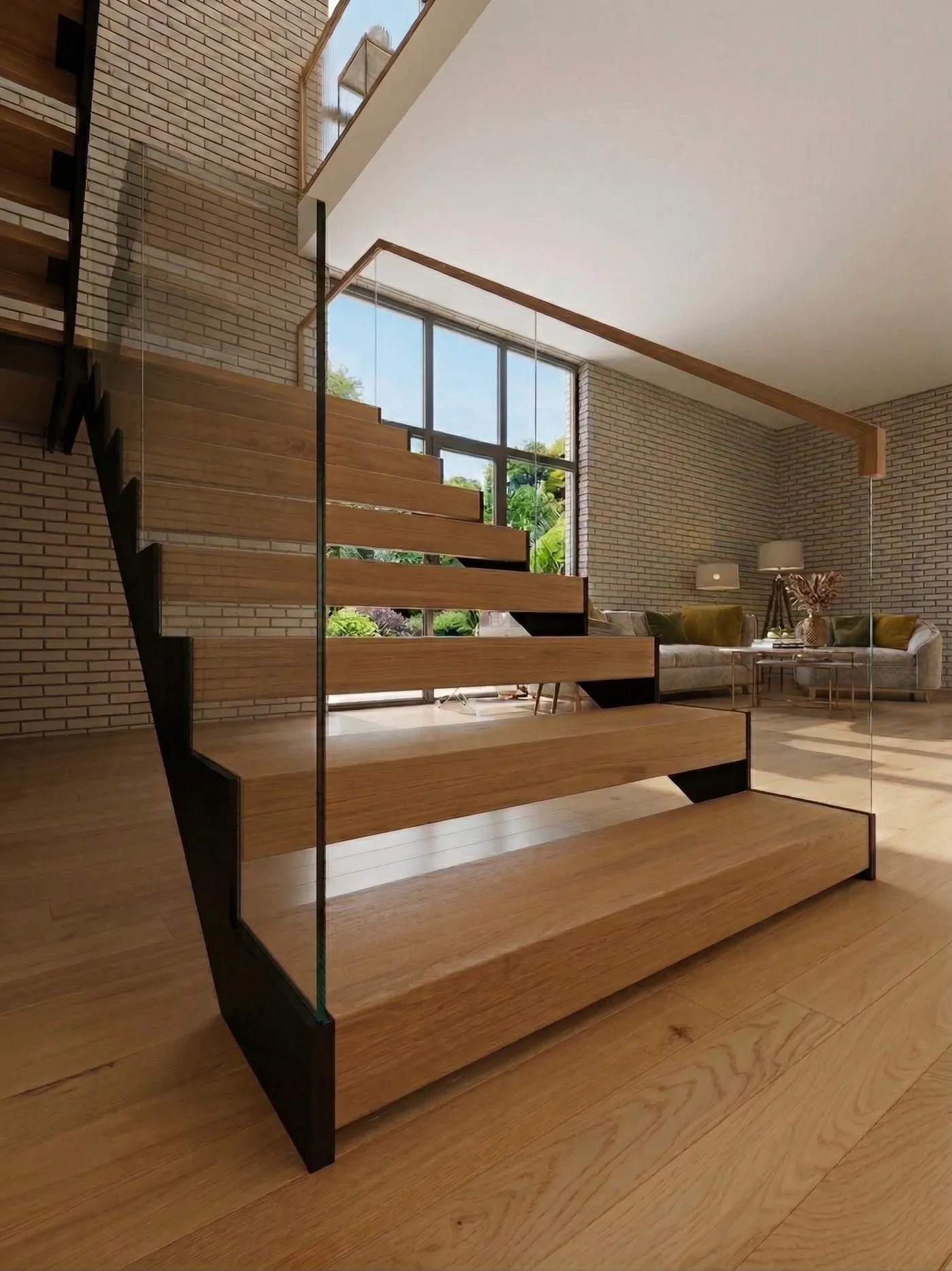 Industrial steel beam floating staircase installed in a Nassau County home